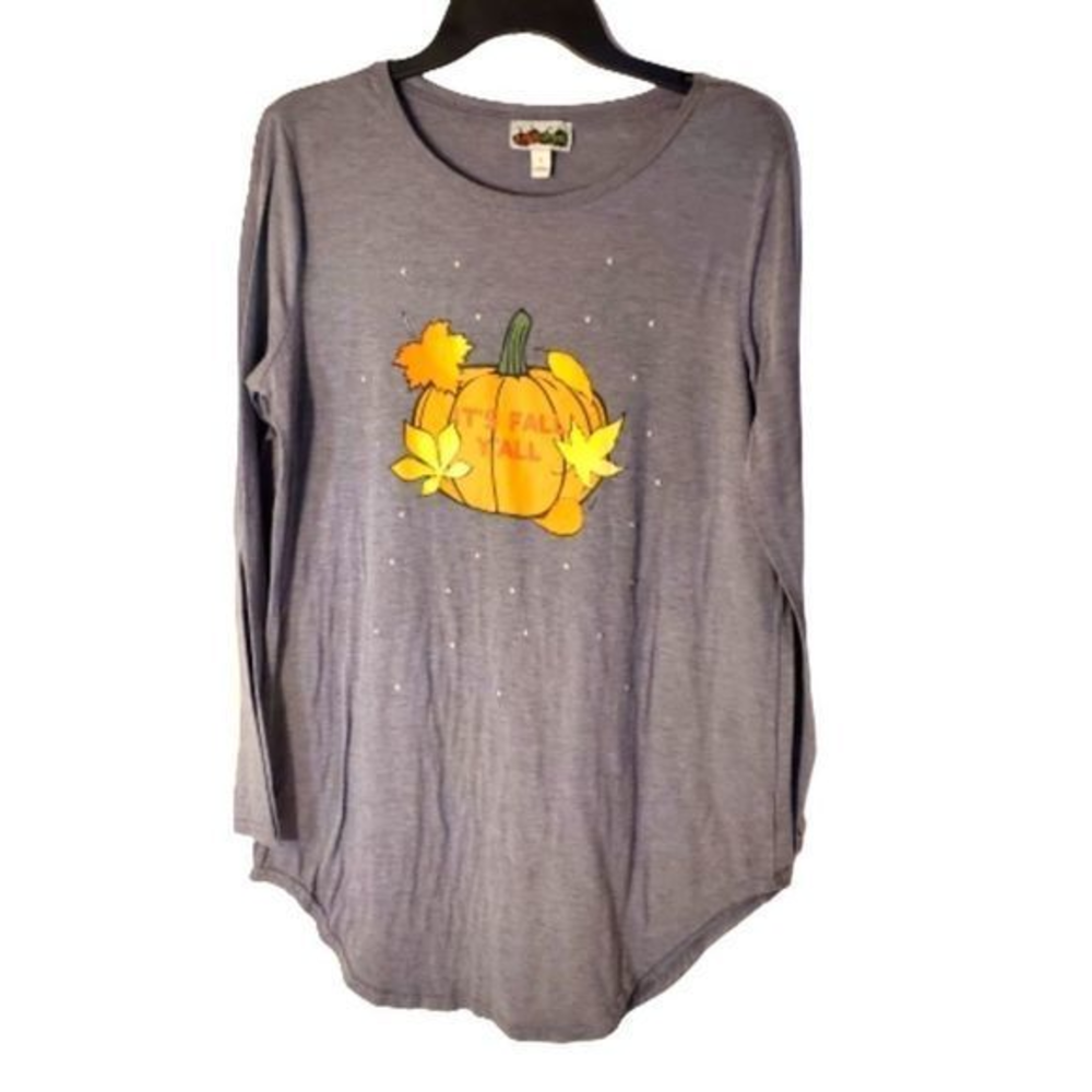 It's Fall Y'all Pumpkin Leaves Long Sleeve T-Shirt Women's Top Grayv Large
